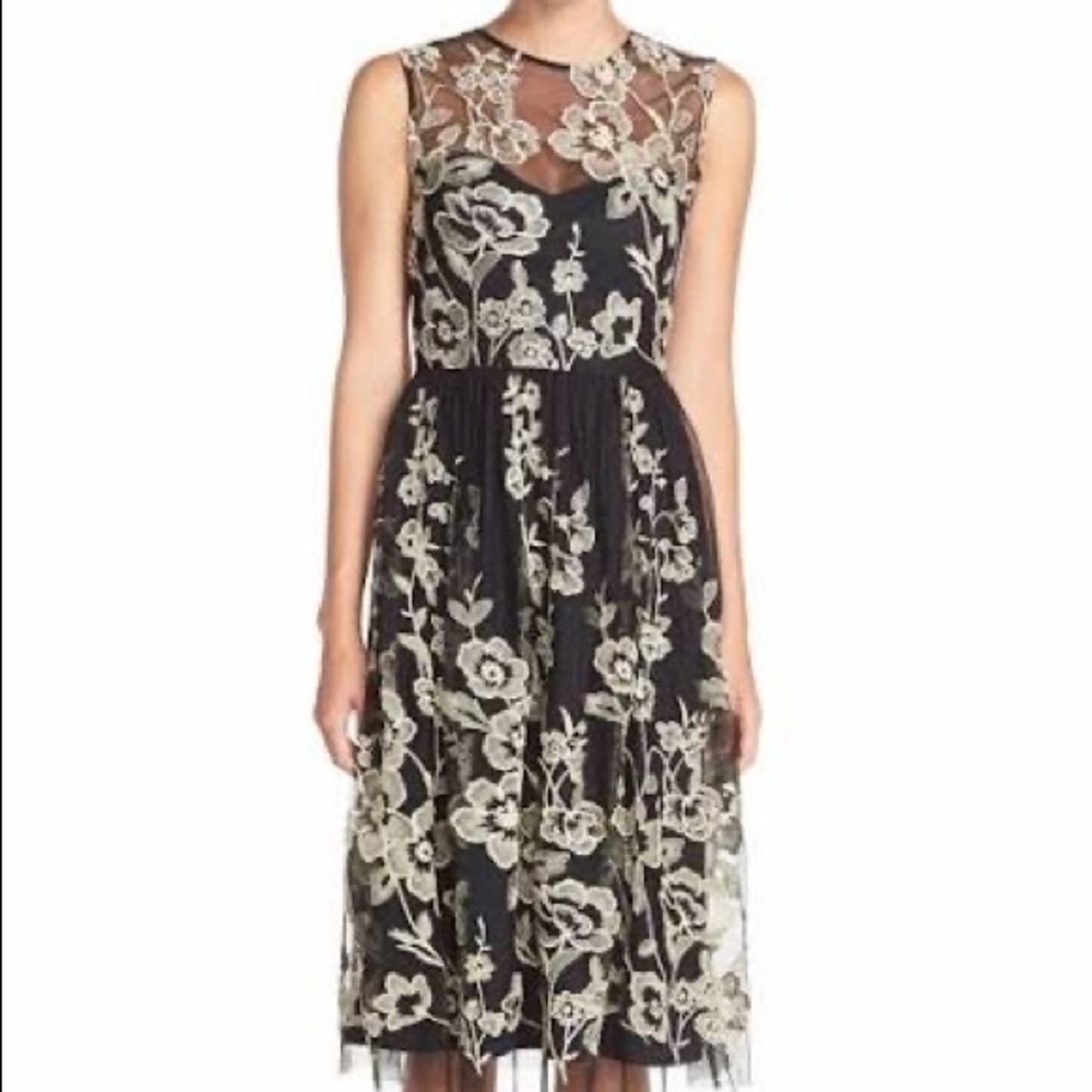 Beige by eci Black Taupe-Gold Embroidered Mesh Cocktail Social Dress S…